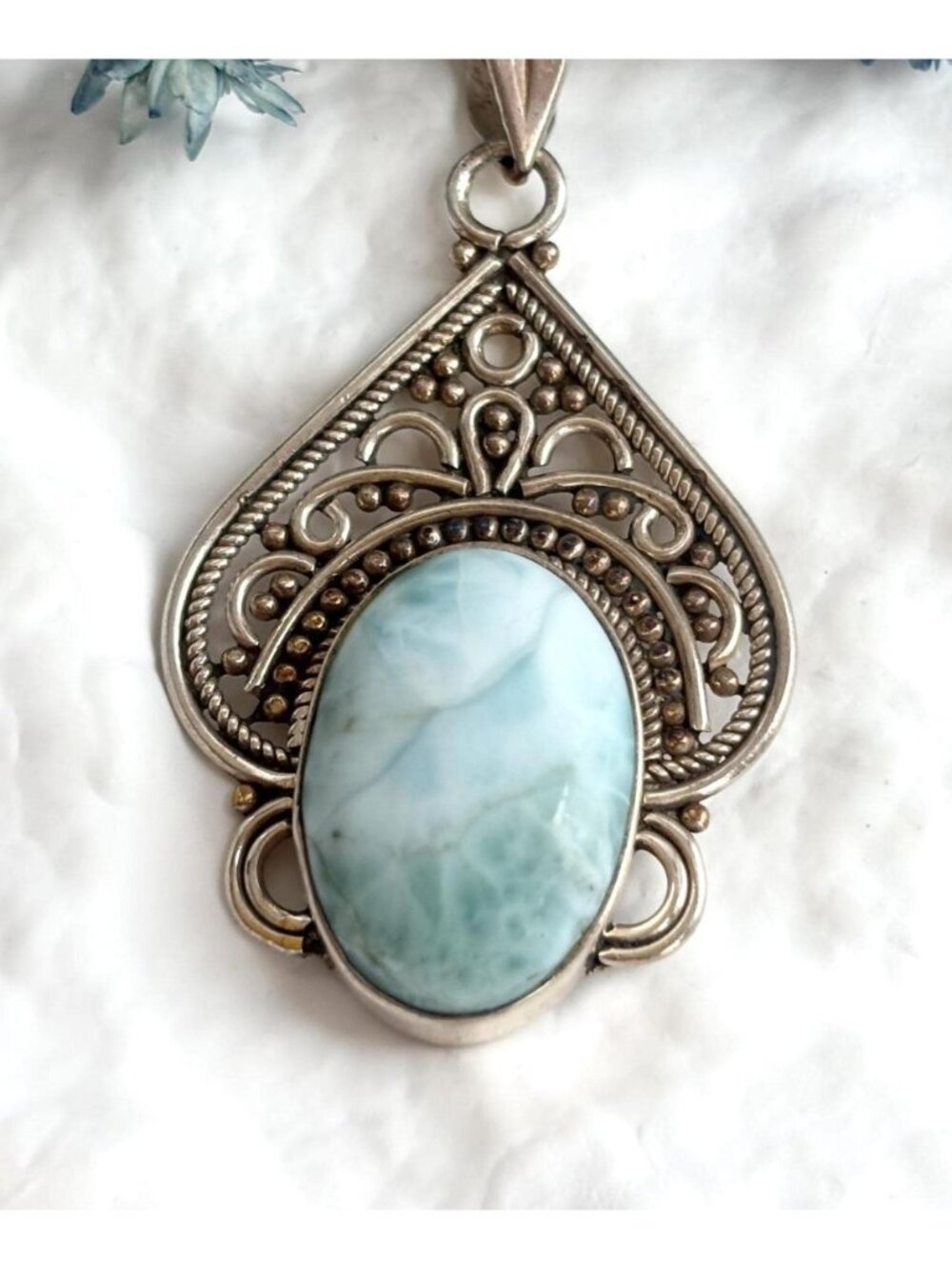 Natural Blue Larimar Balinese Inspired Ornate 925 Vintage Pendant Necklace - 18"